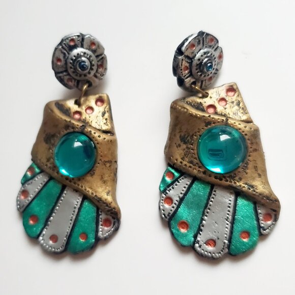 UNIQUE Artisan Dangle Earrings Green Cabachon Stone Metallic Brutalist Design - Picture 1 of 5